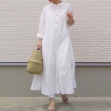 New literary style temperament pure colour casual stand-up collar cardigan long sleeve shirt dress