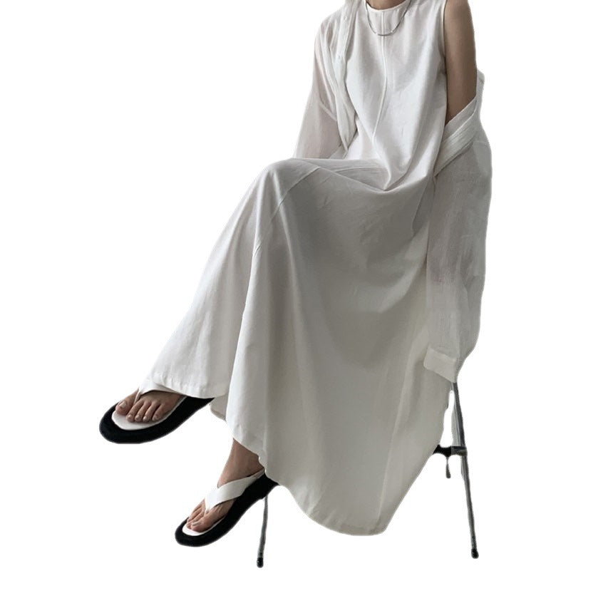 (25% Off Any Two Items) chic style loose hem sleeveless pumpkin long cotton linen dress