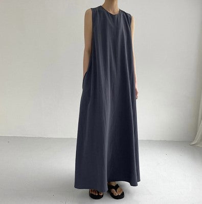 (25% Off Any Two Items) chic style loose hem sleeveless pumpkin long cotton linen dress
