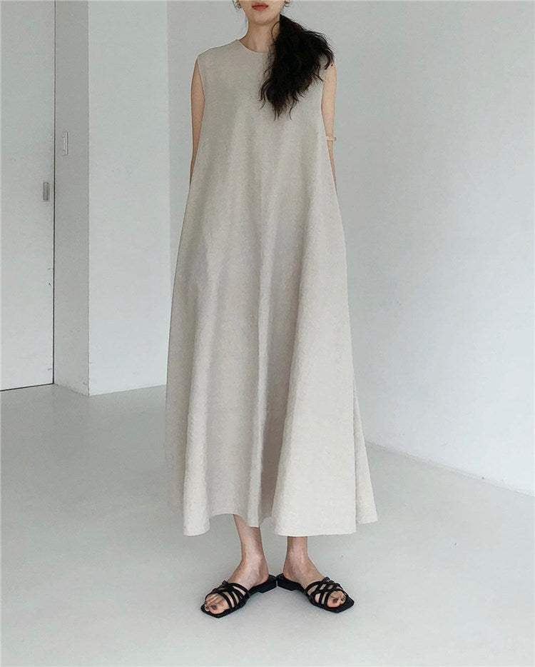 (25% Off Any Two Items) chic style loose hem sleeveless pumpkin long cotton linen dress