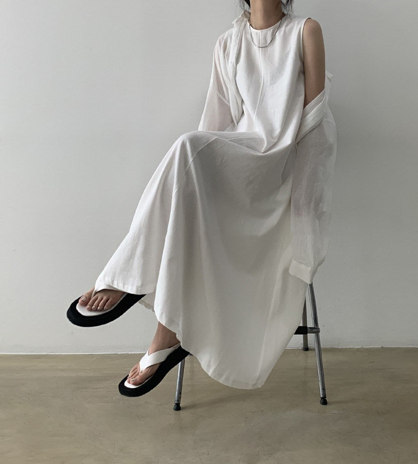 (25% Off Any Two Items) chic style loose hem sleeveless pumpkin long cotton linen dress