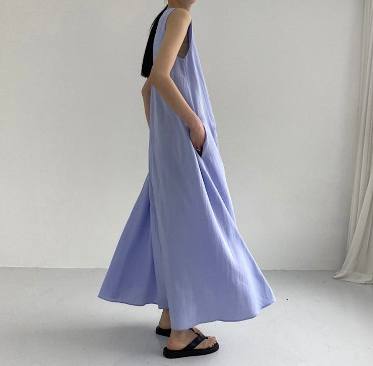 (25% Off Any Two Items) chic style loose hem sleeveless pumpkin long cotton linen dress