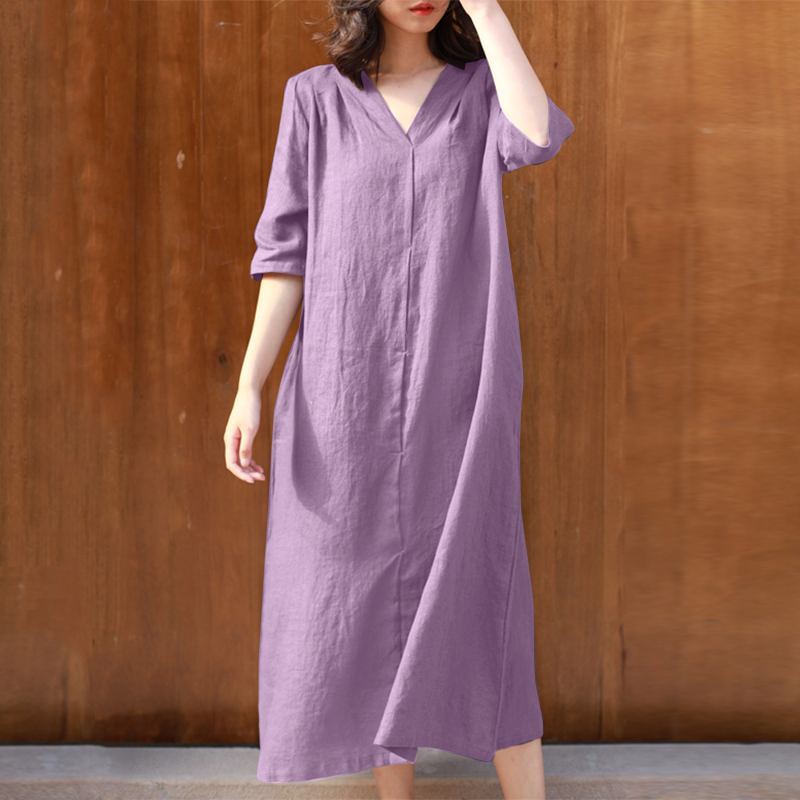 New Women's V-Neck Mid-Sleeve Cotton Dresses