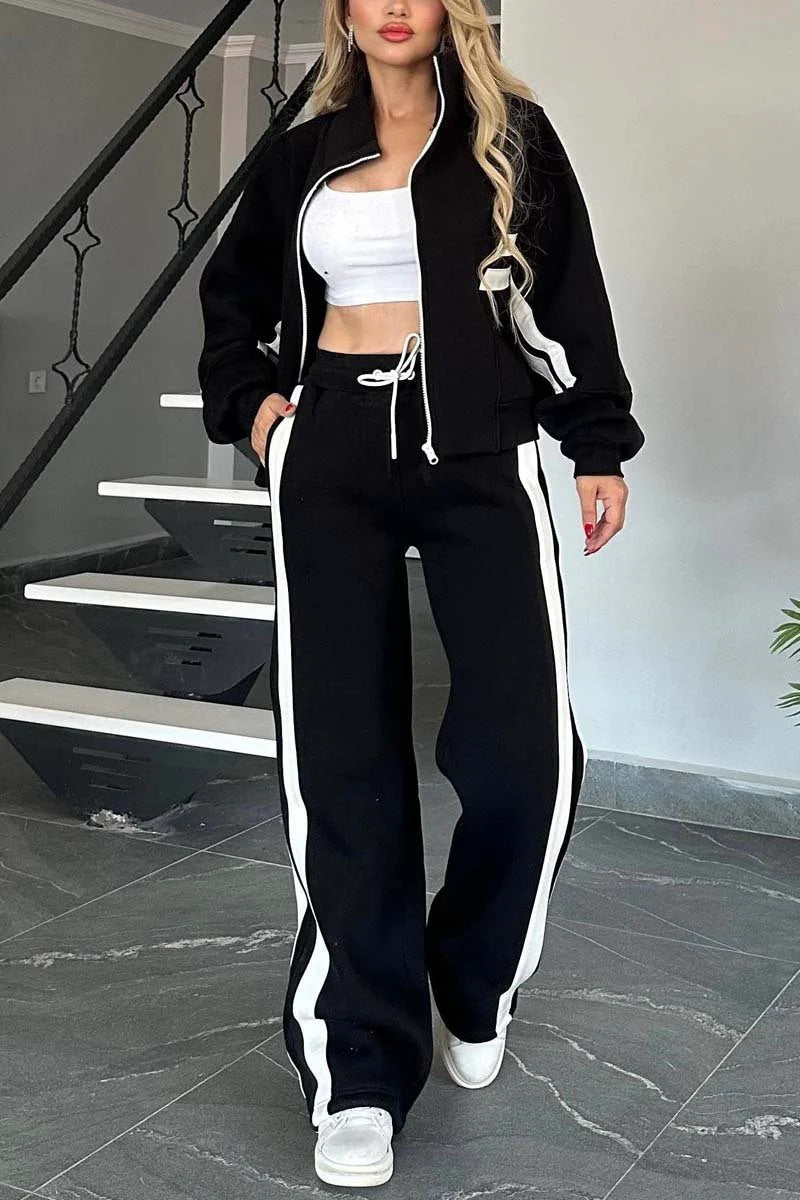 Striped Zip Top Coat Jacket Casual Sweatshirt Women