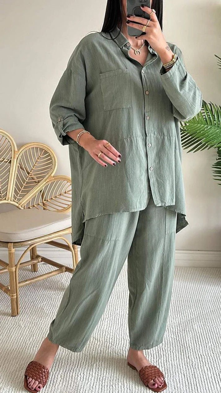 2025 new 2 pieces set of large size cotton linen shirt suit high waist loose trousers