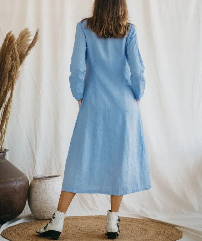 Cotton Linen Long Irregular Dress Shirt Neck Twisted Button Casual Long Dresses