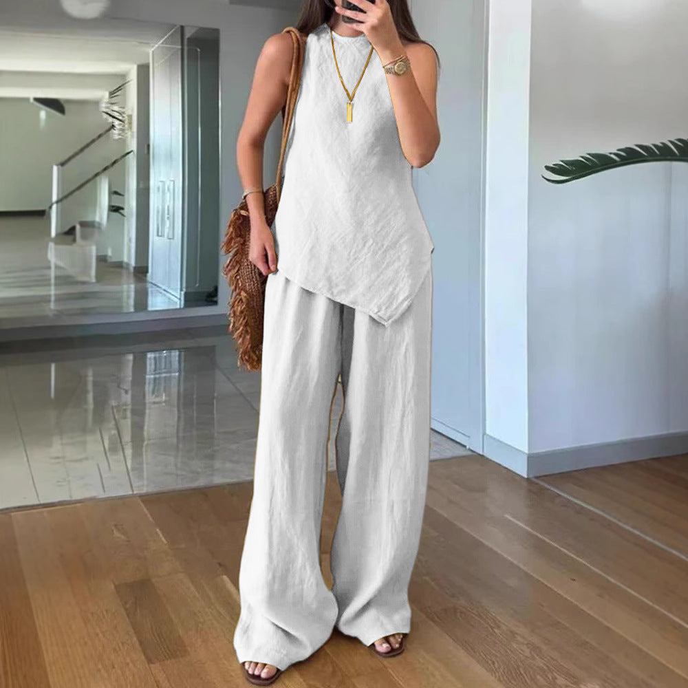 Casual Round Neck Pullover Sleeveless Plus Pocket Pants Cotton Multicolor Women's Suit