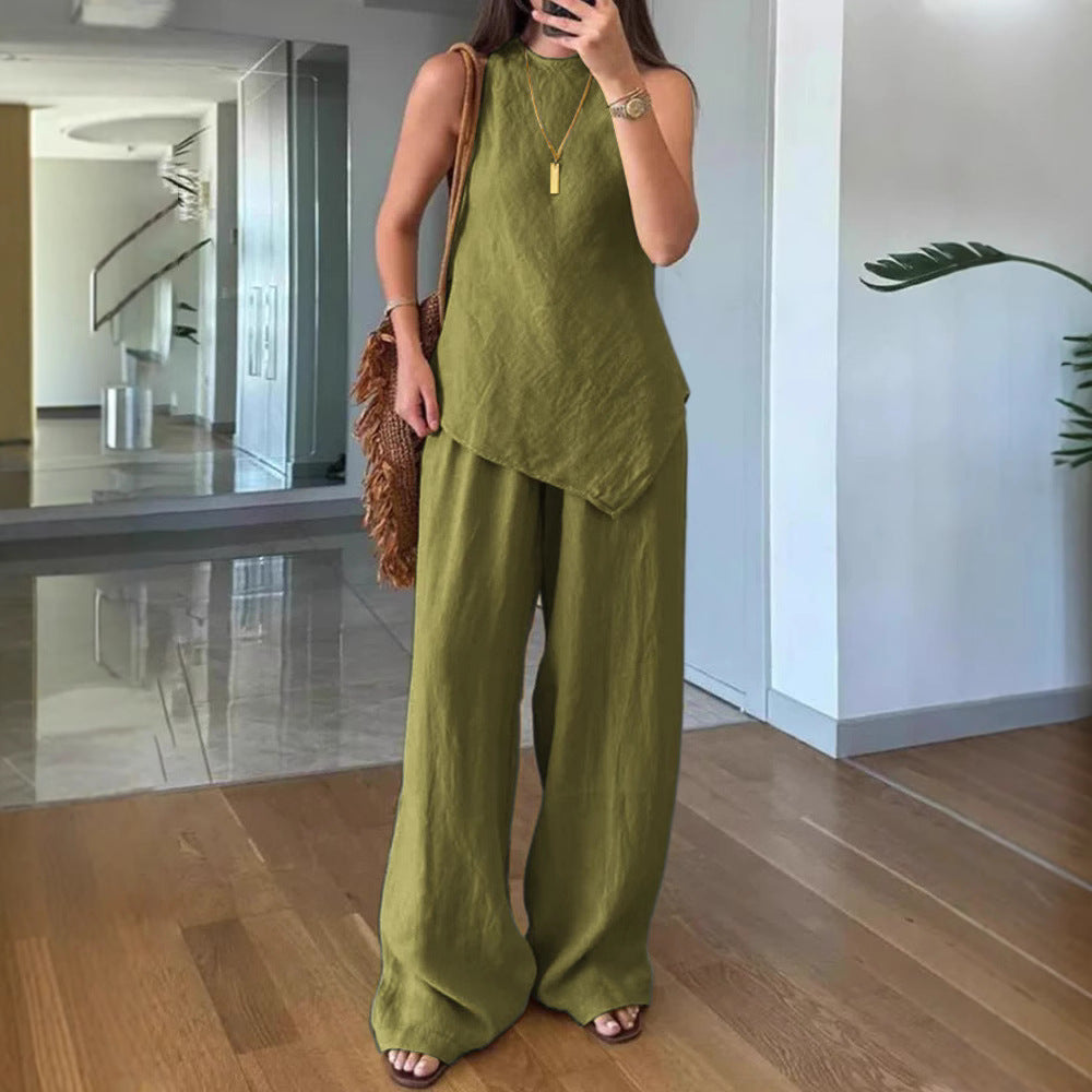 Casual Round Neck Pullover Sleeveless Plus Pocket Pants Cotton Multicolor Women's Suit
