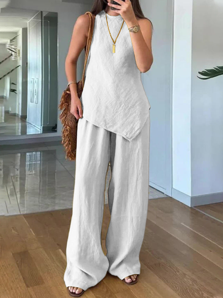 Casual Round Neck Pullover Sleeveless Plus Pocket Pants Cotton Multicolor Women's Suit