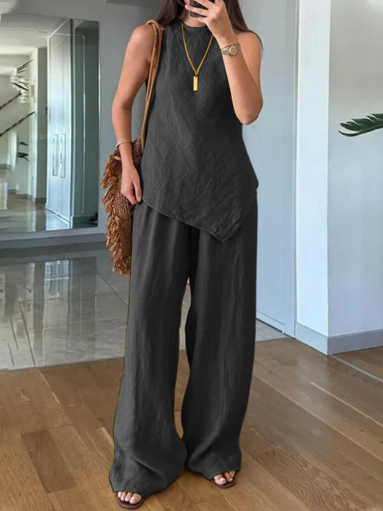 Casual Round Neck Pullover Sleeveless Plus Pocket Pants Cotton Multicolor Women's Suit