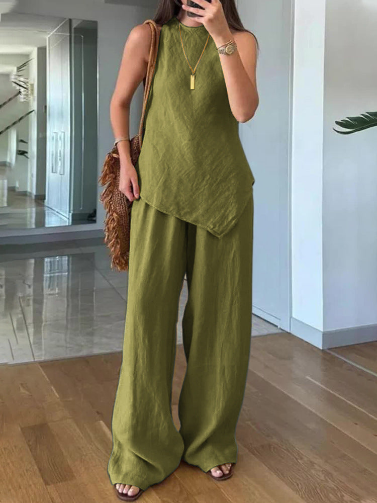 Casual Round Neck Pullover Sleeveless Plus Pocket Pants Cotton Multicolor Women's Suit