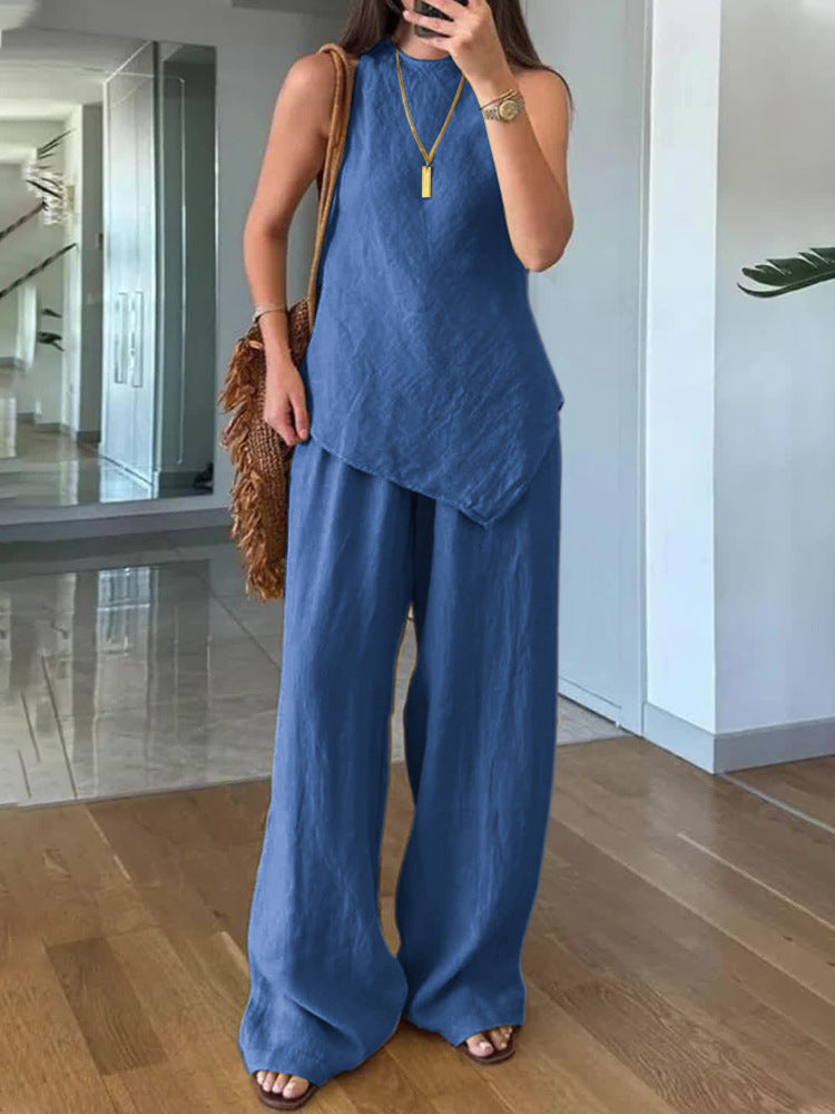 Casual Round Neck Pullover Sleeveless Plus Pocket Pants Cotton Multicolor Women's Suit