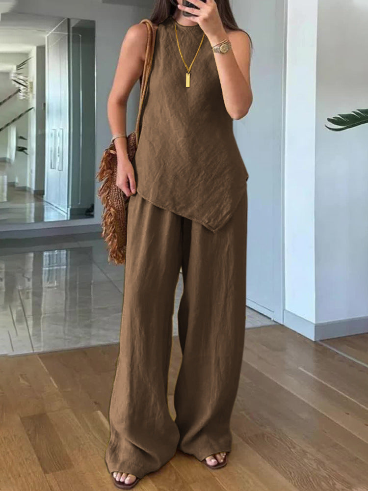 Casual Round Neck Pullover Sleeveless Plus Pocket Pants Cotton Multicolor Women's Suit