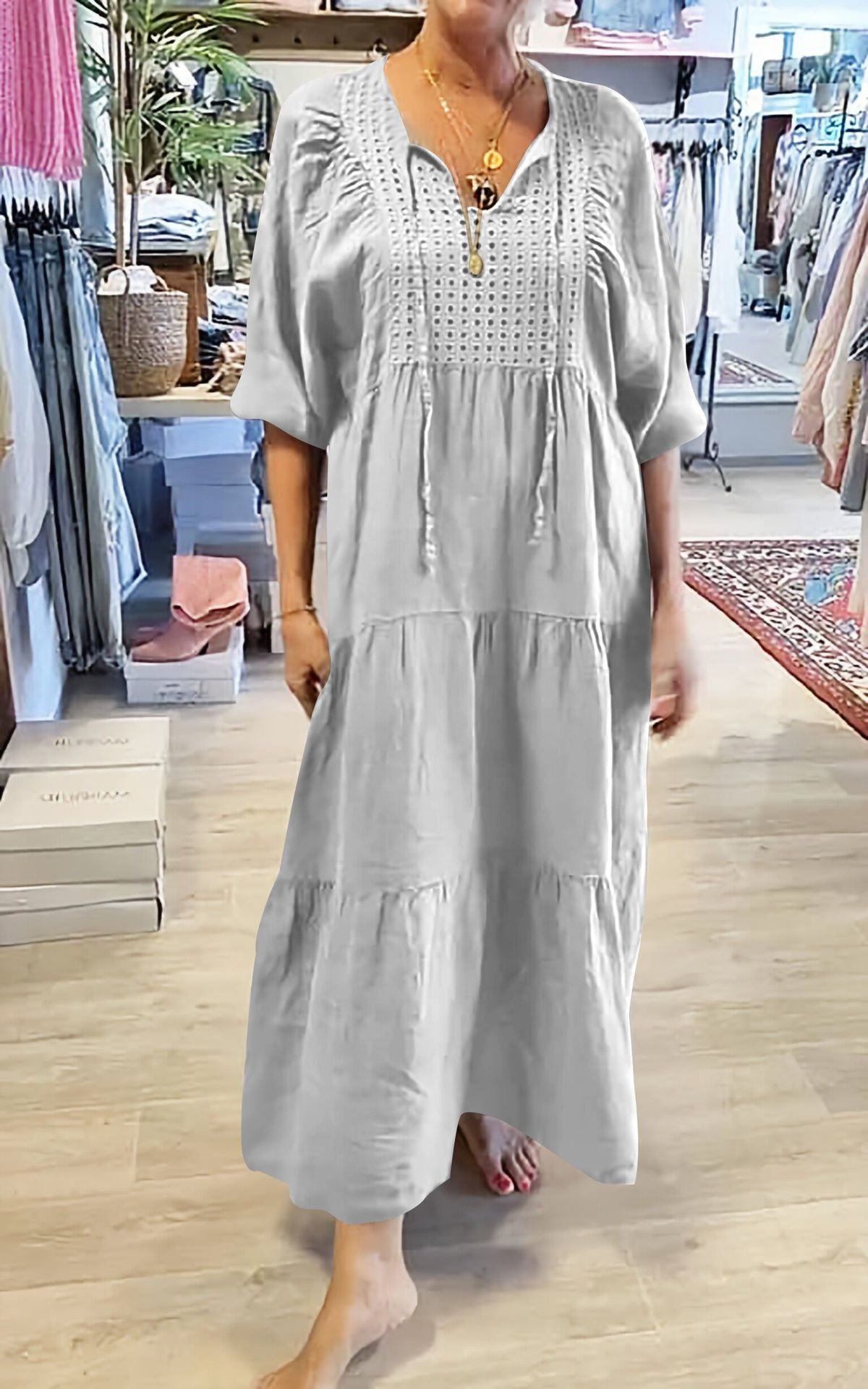 2025 Cotton linen V-neck tie solid color loose plus size dress