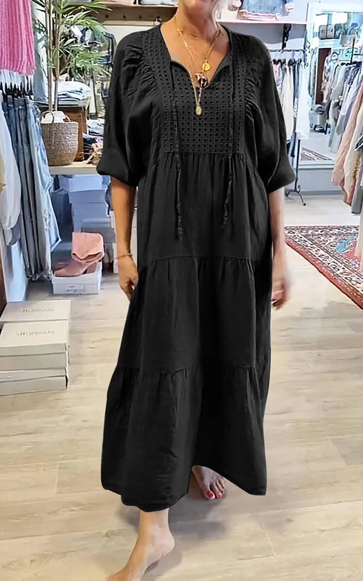 2025 Cotton linen V-neck tie solid color loose plus size dress