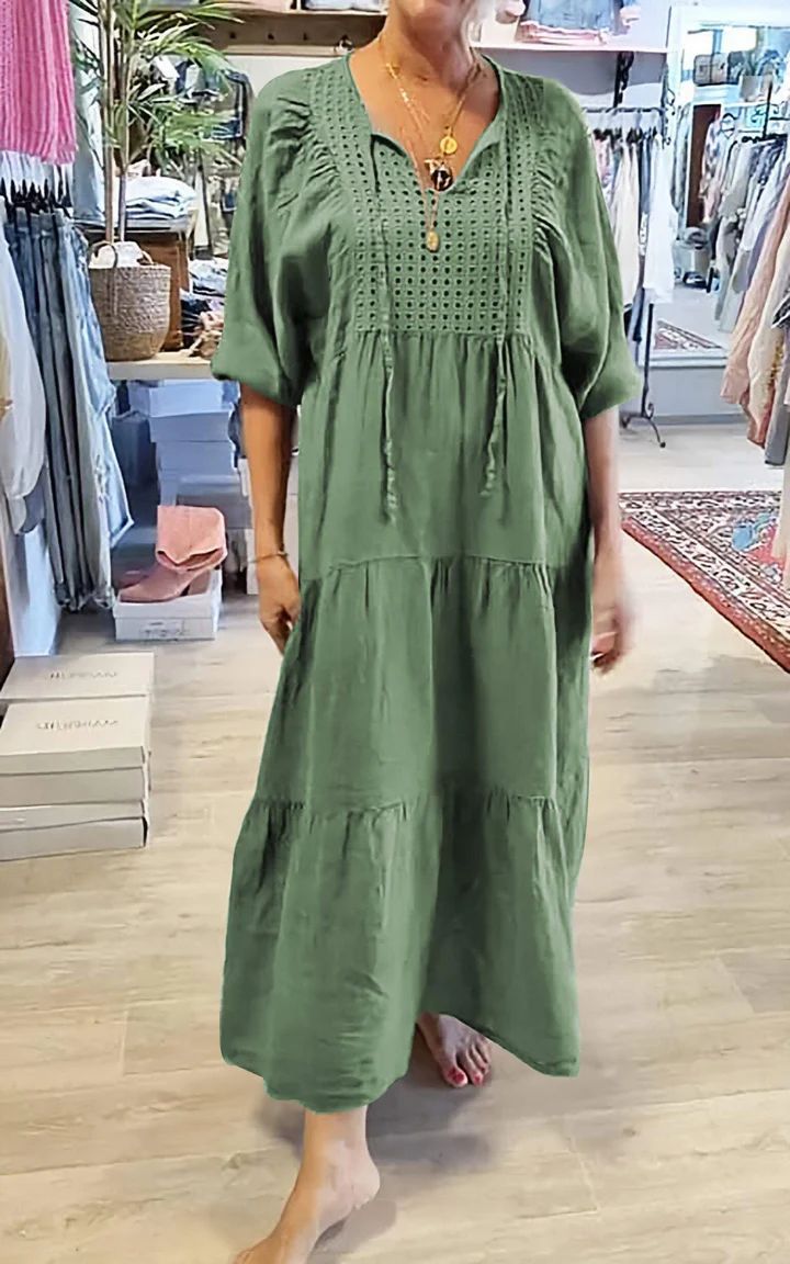 2025 Cotton linen V-neck tie solid color loose plus size dress