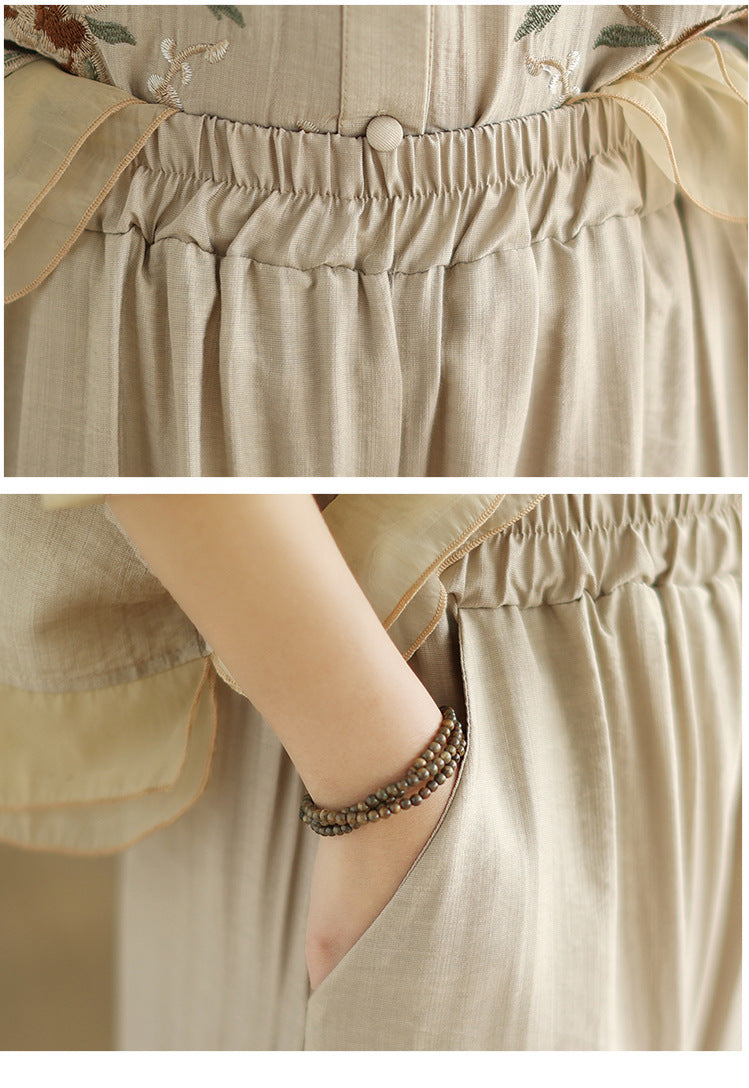 2025 Summer Cotton Linen Small Standing Collar Embroidered Top + Wide Leg Pants Loose Fashion Two Piece Set