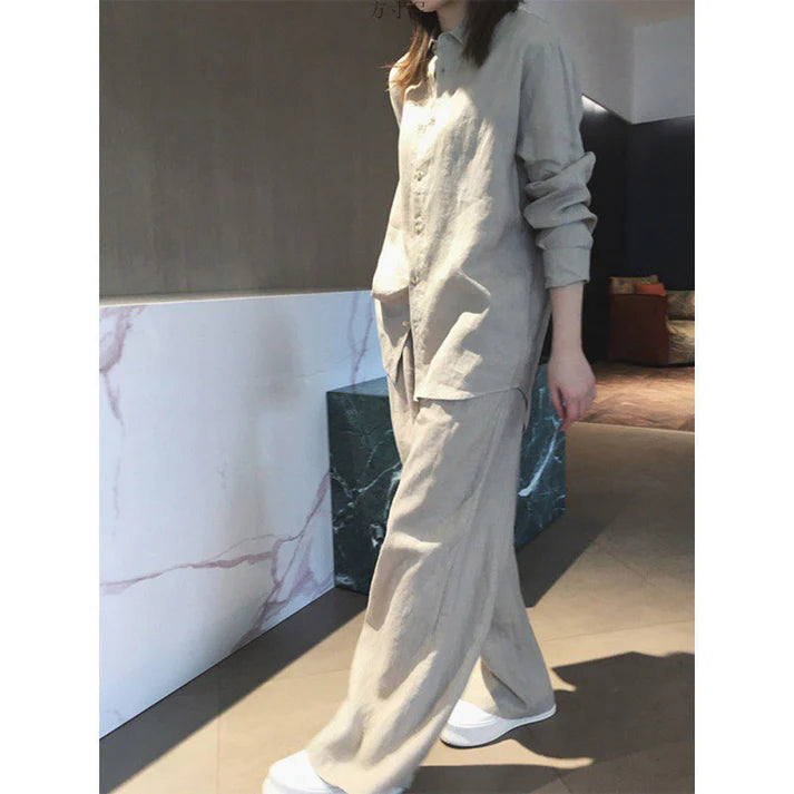 Linen Women's Cotton Linen Idle Feeling Shirt Wide Leg Pants Set
