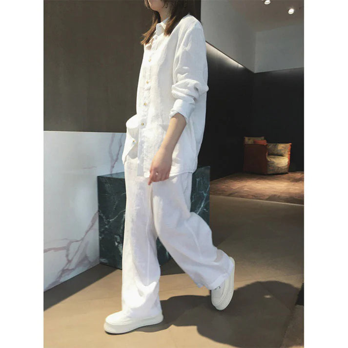 Linen Women's Cotton Linen Idle Feeling Shirt Wide Leg Pants Set