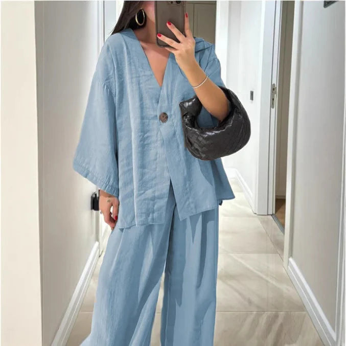 2025 Loose Women's V-Neck Top and Wide Leg Pants Casual Set
