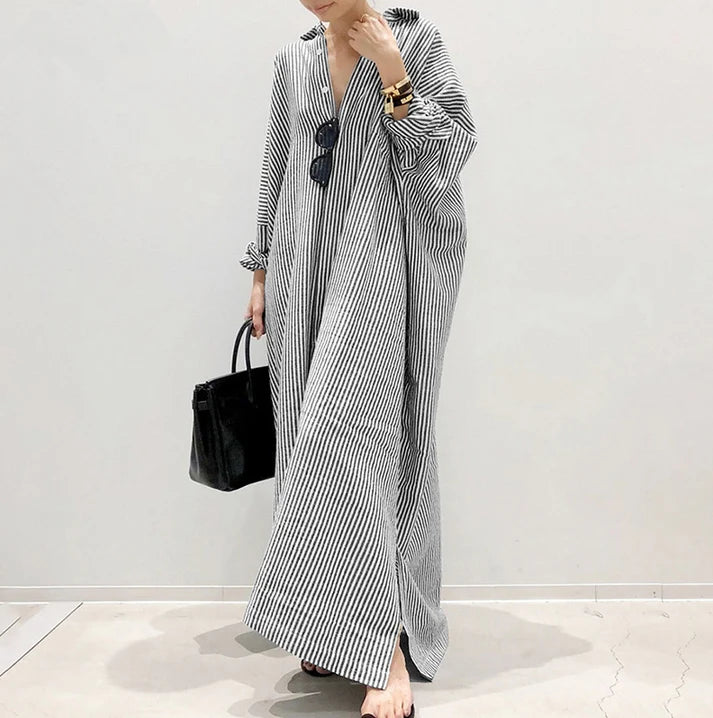 Long Striped Straight Dress Shirt Dress Loose Jacket Seven Sleeve Dress
