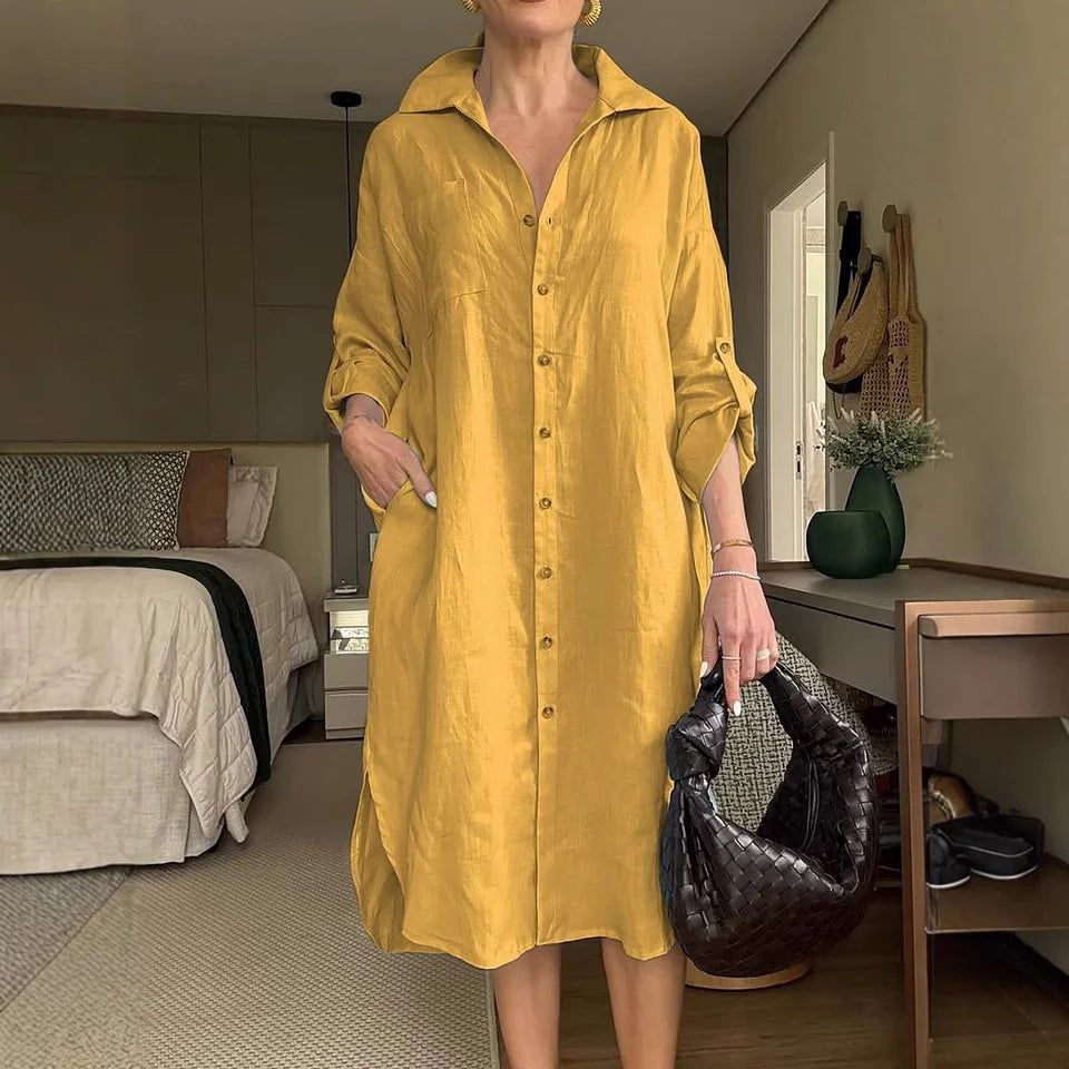 2025 Cotton Linen Shirt Long Dress Fashion Casual Long Sleeve Cardigan Dress
