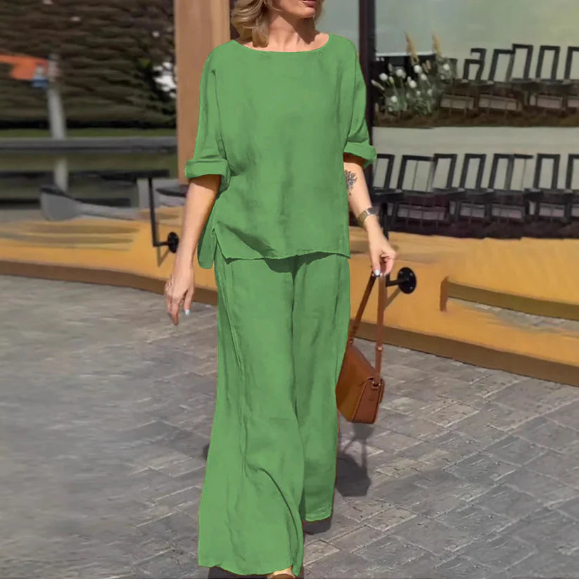 New cotton linen suit women's fashion solid color loose casual trousers two-piece