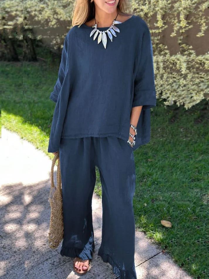 Cotton linen suit Women's fashion solid color loose casual pants two-piece set
