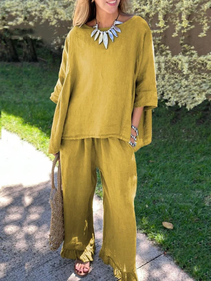 Cotton linen suit Women's fashion solid color loose casual pants two-piece set