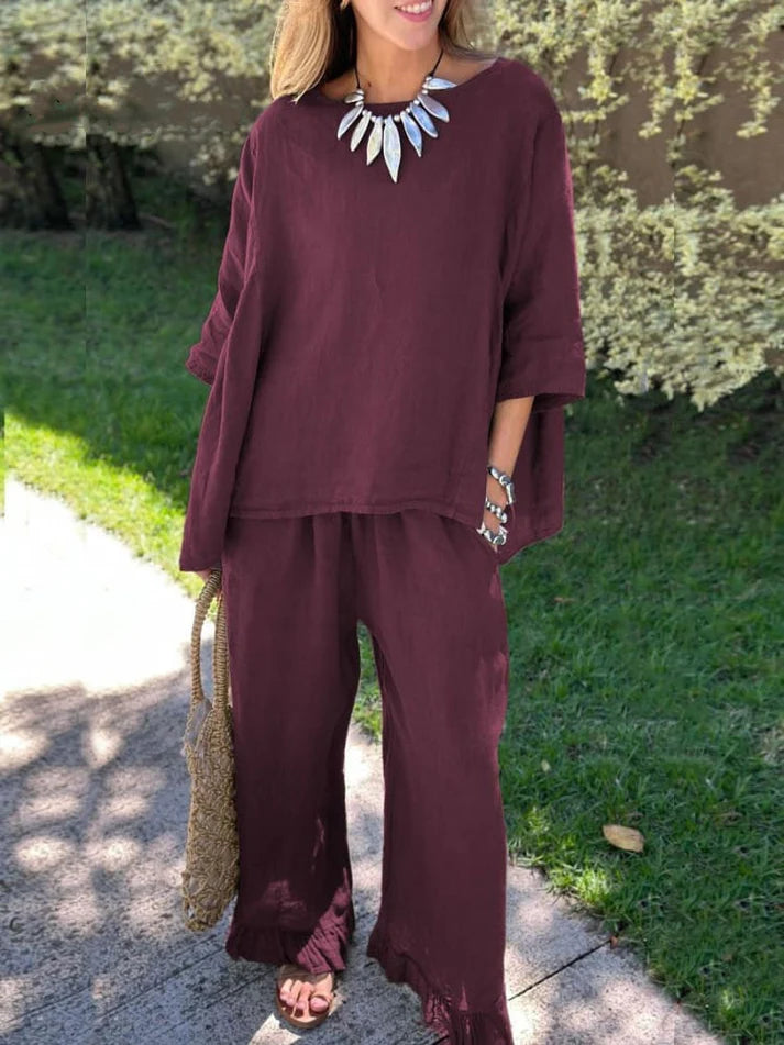 Cotton linen suit Women's fashion solid color loose casual pants two-piece set