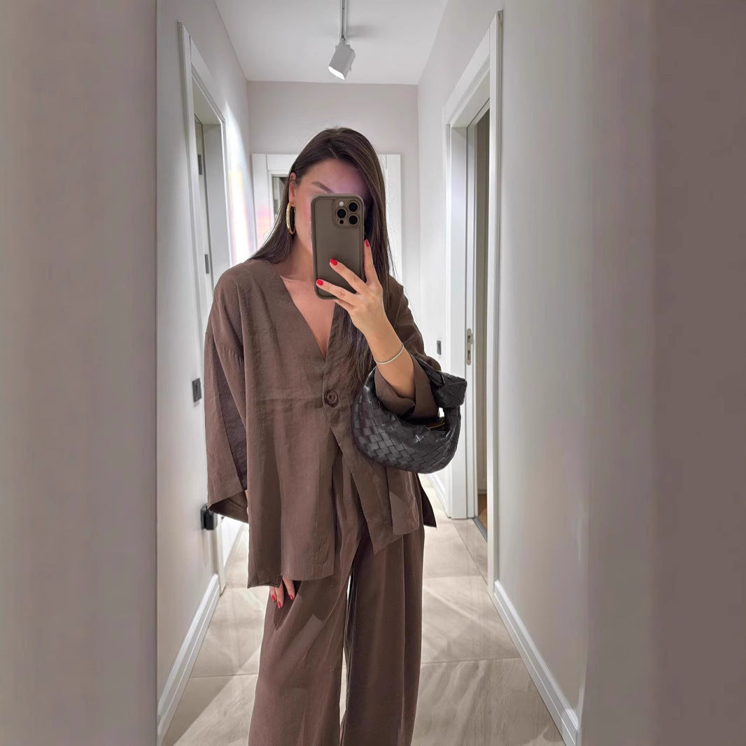 Casual suit V-neck one-button loose long-sleeved blouse high-waisted suit pants two-piece set