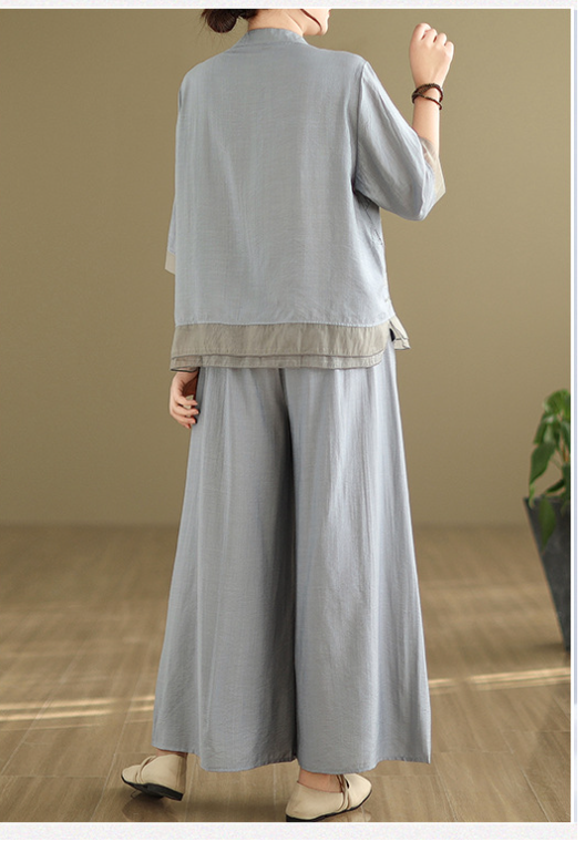 2025 Summer Cotton Linen Small Standing Collar Embroidered Top + Wide Leg Pants Loose Fashion Two Piece Set