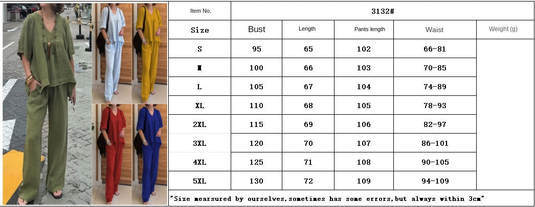 2025 summer new cotton and linen solid color V-neck casual short-sleeved top and pants two-piece suit