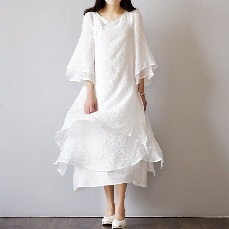 Original Women's Clothing Cotton And Linen Artistic Double Layer Dress Retro Mori Girl Style Zen Modified Hanfu Long Dress For Summer Dress