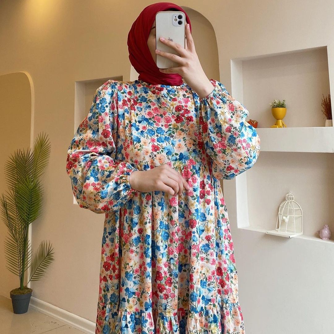 Women's 2024 New Printed Muslim Dubai Robe Dress