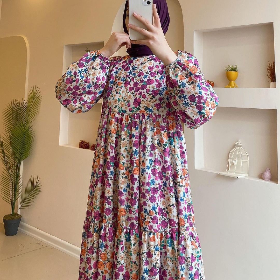 Women's 2024 New Printed Muslim Dubai Robe Dress
