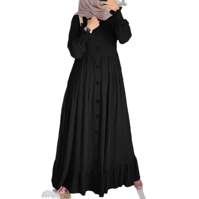 New cotton linen literary retro leisure loose large size round neck frill dress