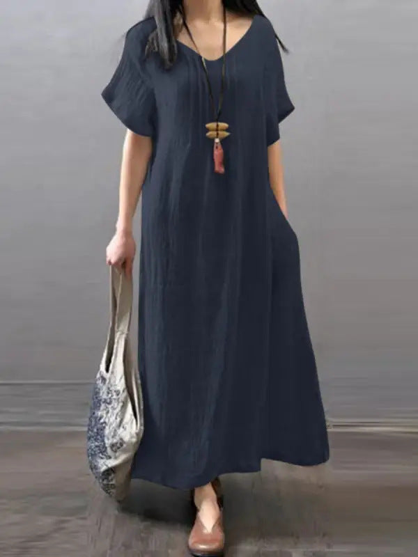 V-neck cotton linen loose casual solid colour pocket dress