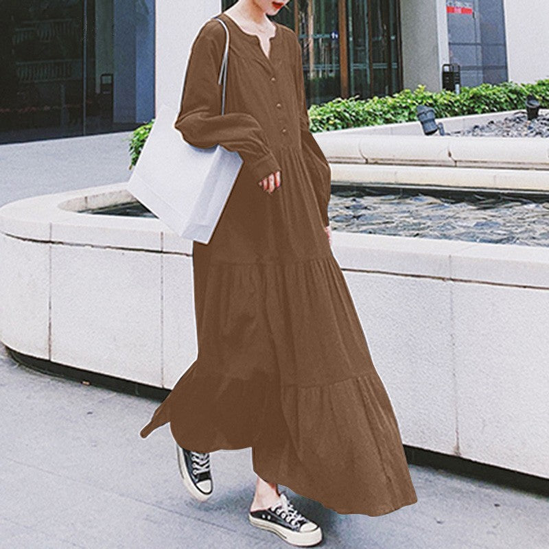 (30% Off Any Two Items)Swing Sleeve V-Neck Ruffle Loose Long Dresses