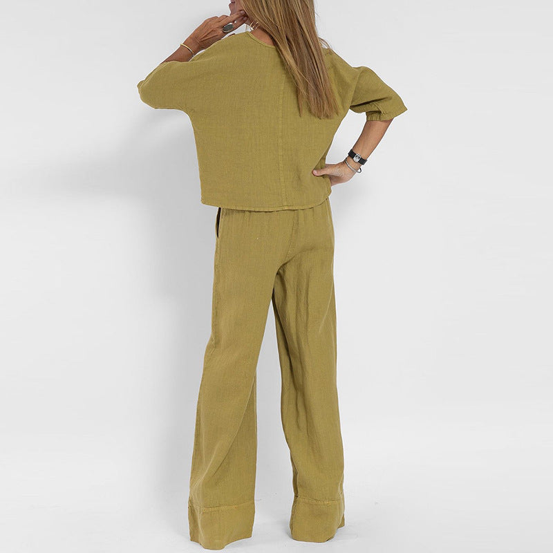 Casual Fashion Pocket Trousers Beach Suit Spring And Summer Short-sleeved Top Pullover Suit Women's Cotton And Linen Solid Color Two Pieces