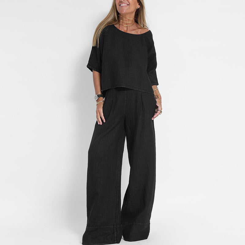 Casual Fashion Pocket Trousers Beach Suit Spring And Summer Short-sleeved Top Pullover Suit Women's Cotton And Linen Solid Color Two Pieces