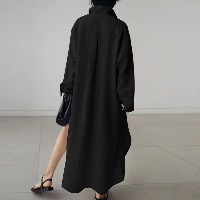 （30% Off Any Two Items）New Solid Color Long Sleeve Cardigan Casual Loose Irregular Split Cotton Linen Long Dresses