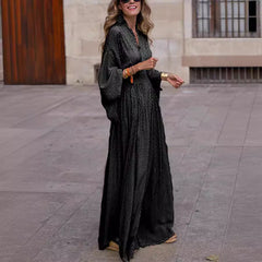 Long Sleeve Loose V-Neck Waisted Swing Dress Women