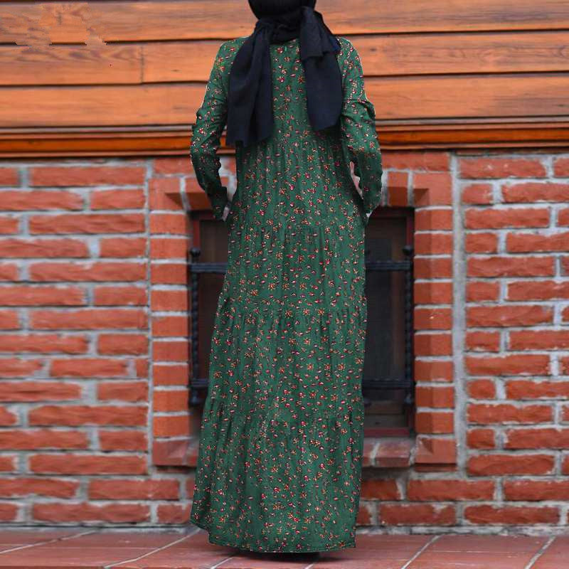 Beautiful Fashion Multi-layer Printed Back Zipper Cotton And Linen Vintage Dress