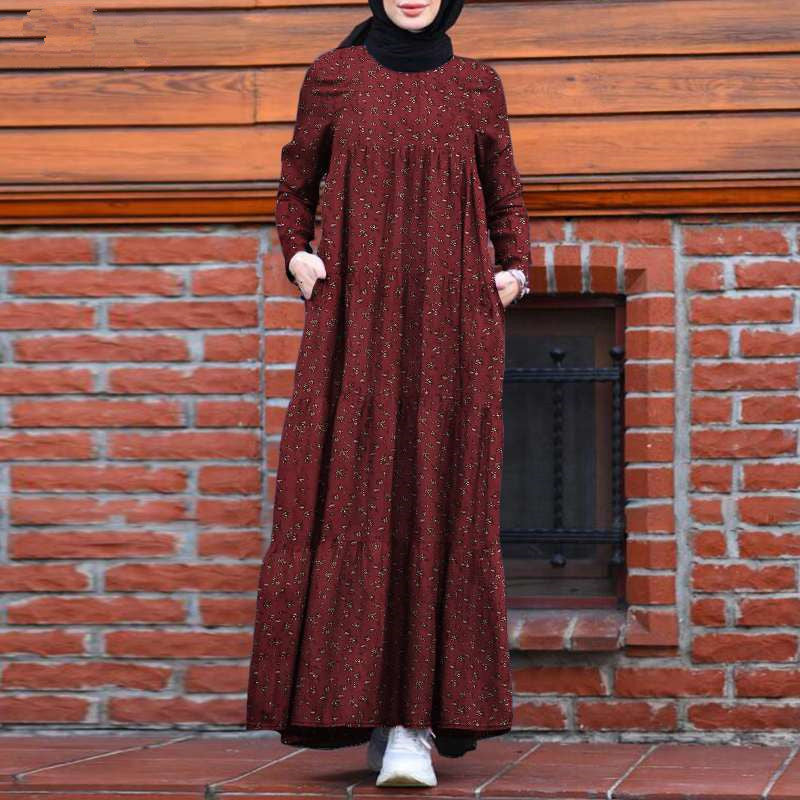 Beautiful Fashion Multi-layer Printed Back Zipper Cotton And Linen Vintage Dress