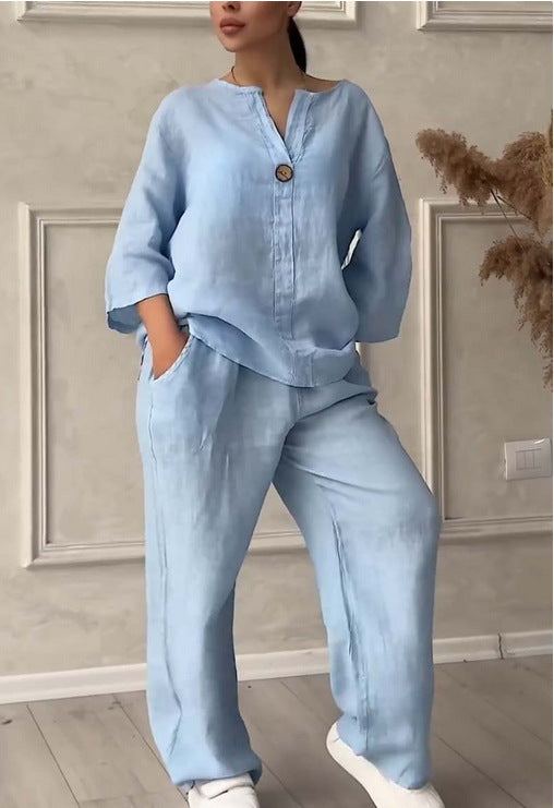 (25% Off Any Two Items)New women's fashion solid color cotton leisure suit