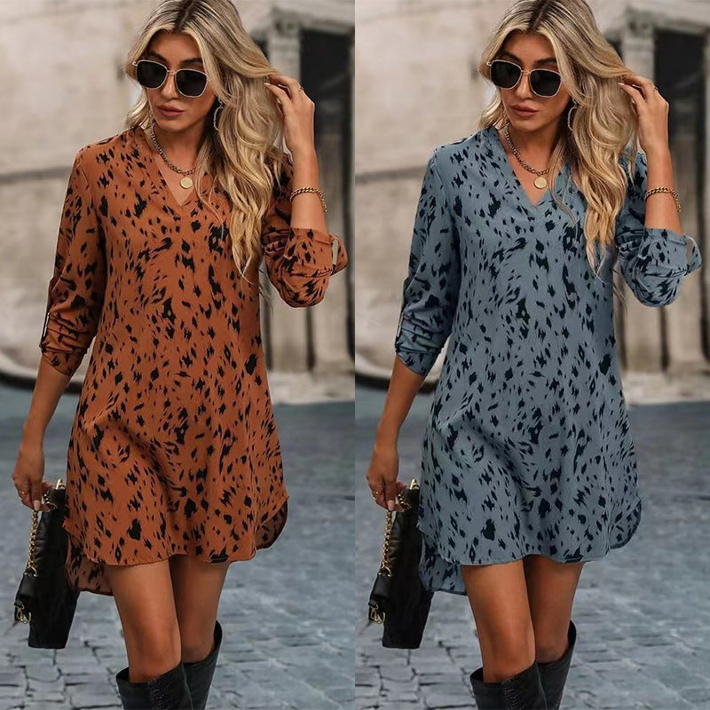 2025 New Slim Leopard Fashion Standing Collar Long Sleeve Dress Women