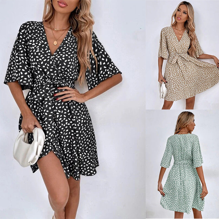 2025 New Explosion V-Neck Short Sleeve Waisted Peplum Dresses