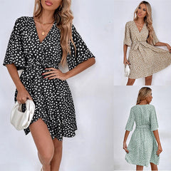 2025 New Explosion V-Neck Short Sleeve Waisted Peplum Dresses