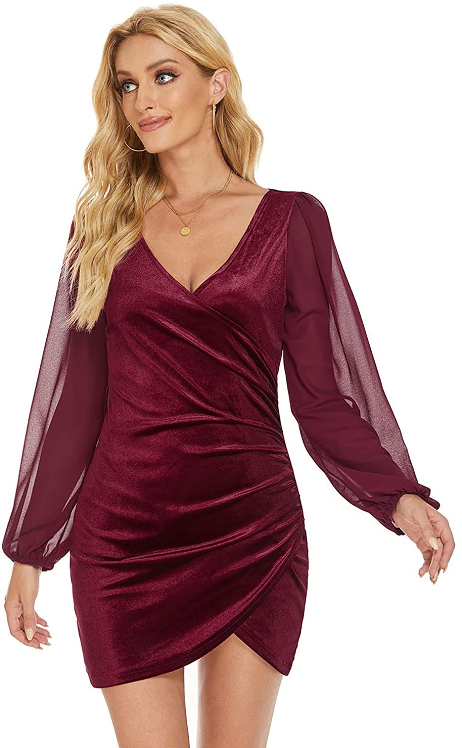 Women's V-Neck Long Sleeve Dress Tight Pleated Embellished Side Asymmetric Dresses